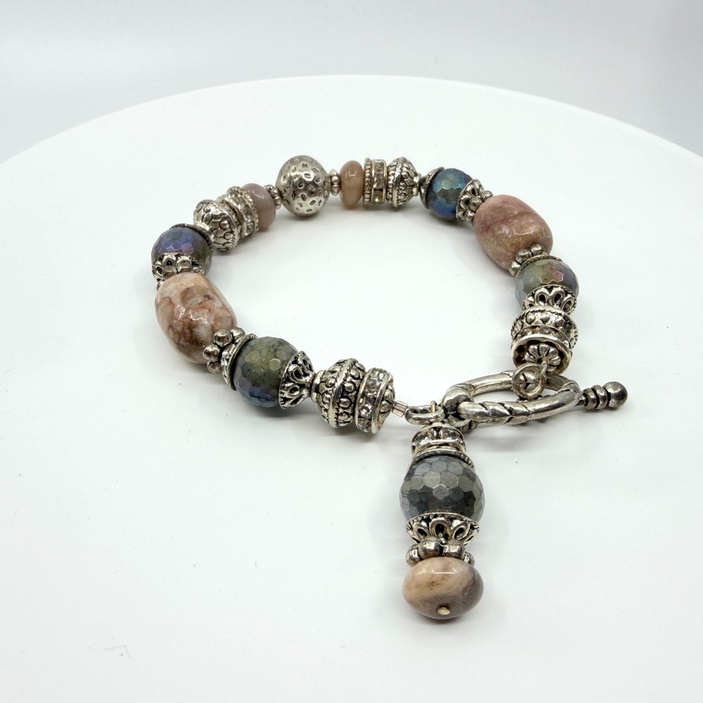 Vintage Boho Multi-Stone Statement Bracelet Silver Tone Textured Beads Toggle